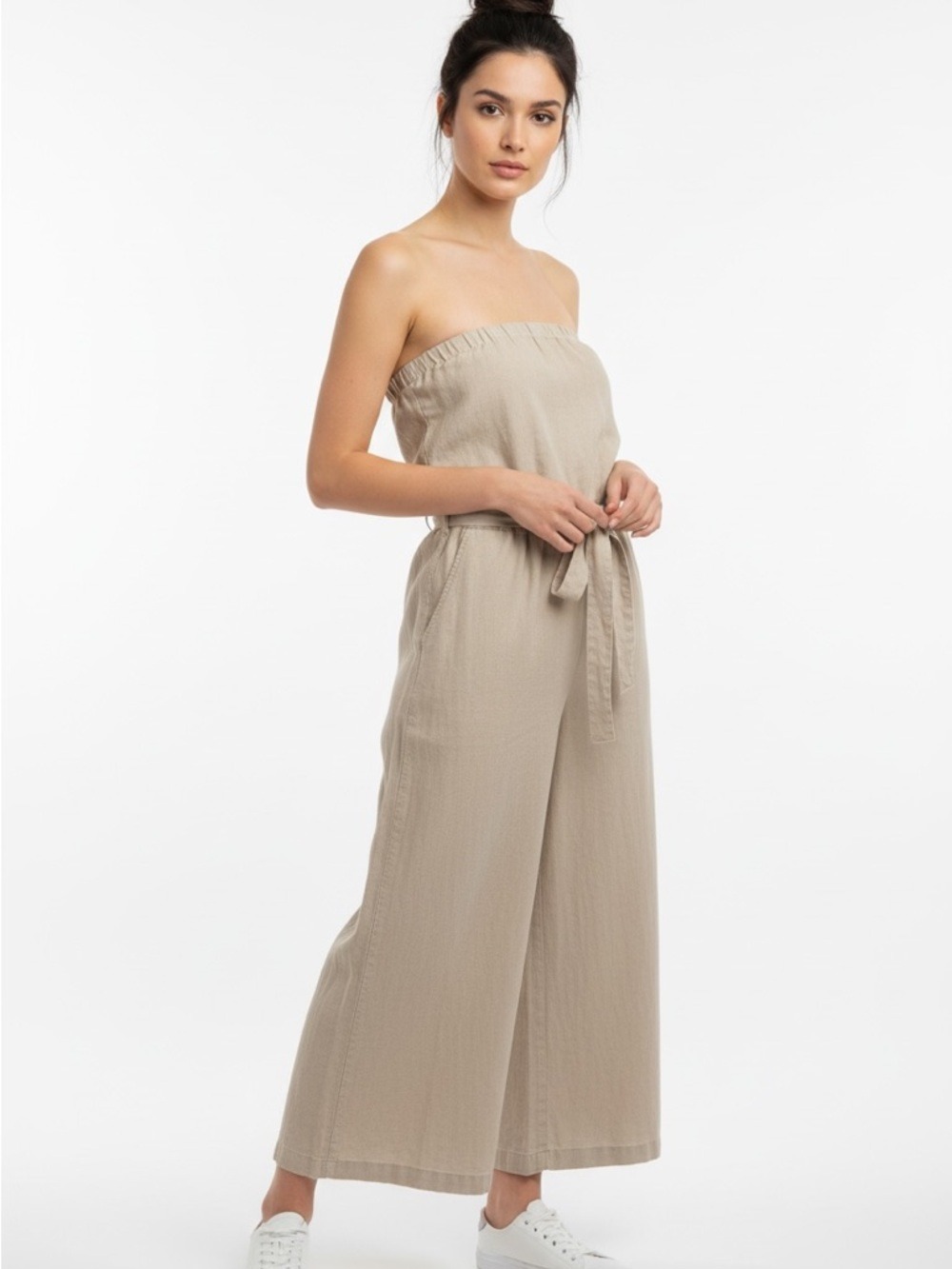 Anthropologie CLOTH & Stone jumpsuit strapless neutral beige loose wide Medium